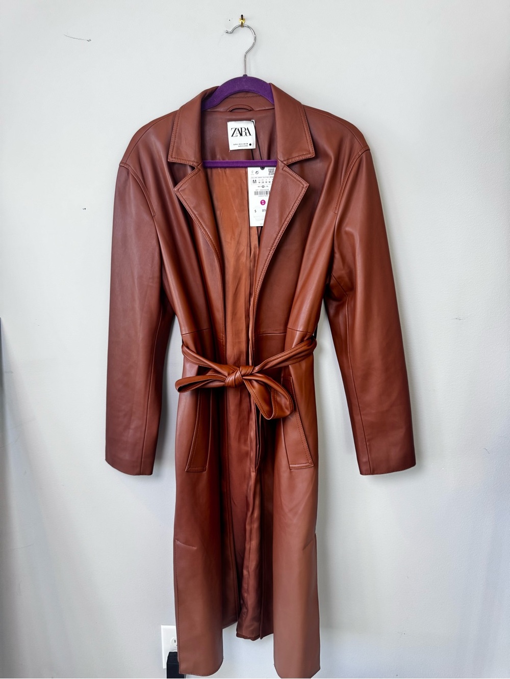 Zara NWT Cognac  Brown Faux Leather Belted Long Trench Coat Size M